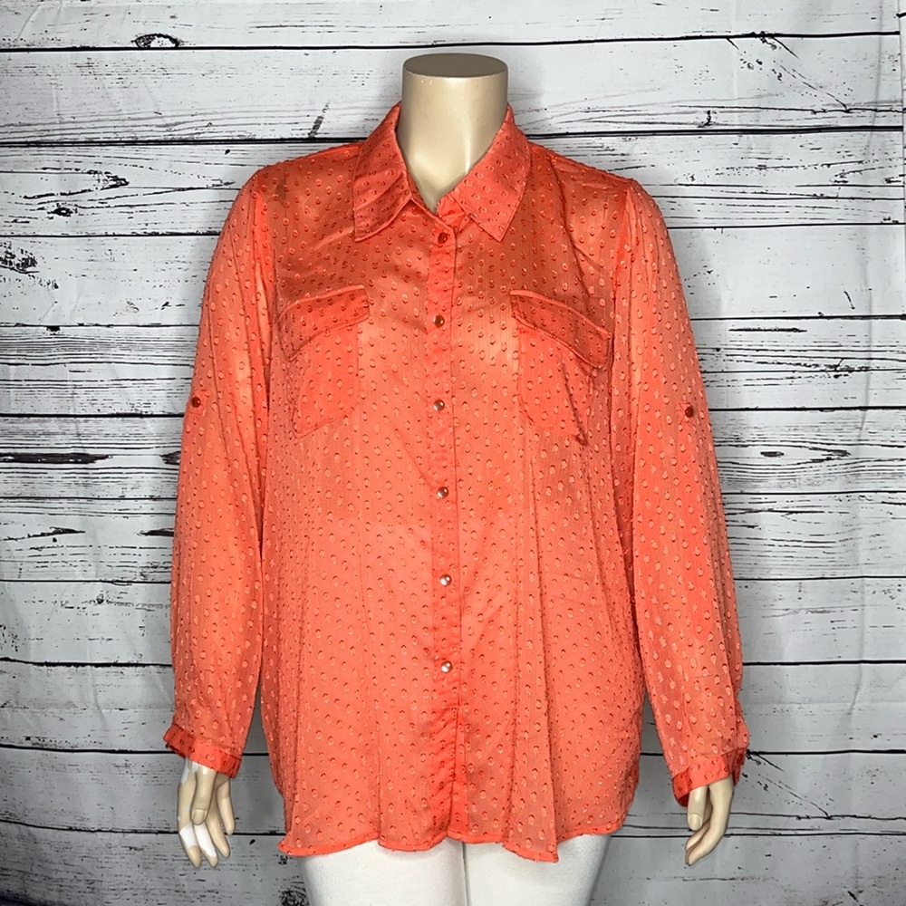 Verve Ami Women NWT 3X Coral Pink Swiss Dot Roll-Tab Sleeve Button Up Blouse Top